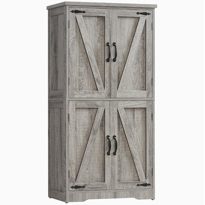 Farmhouse Storage Cabinet with 2 Adjustable Shelves, Bathroom Cabinet with 4 Doors, Cupboard for Kitchen, Living Room, Rustic Gray