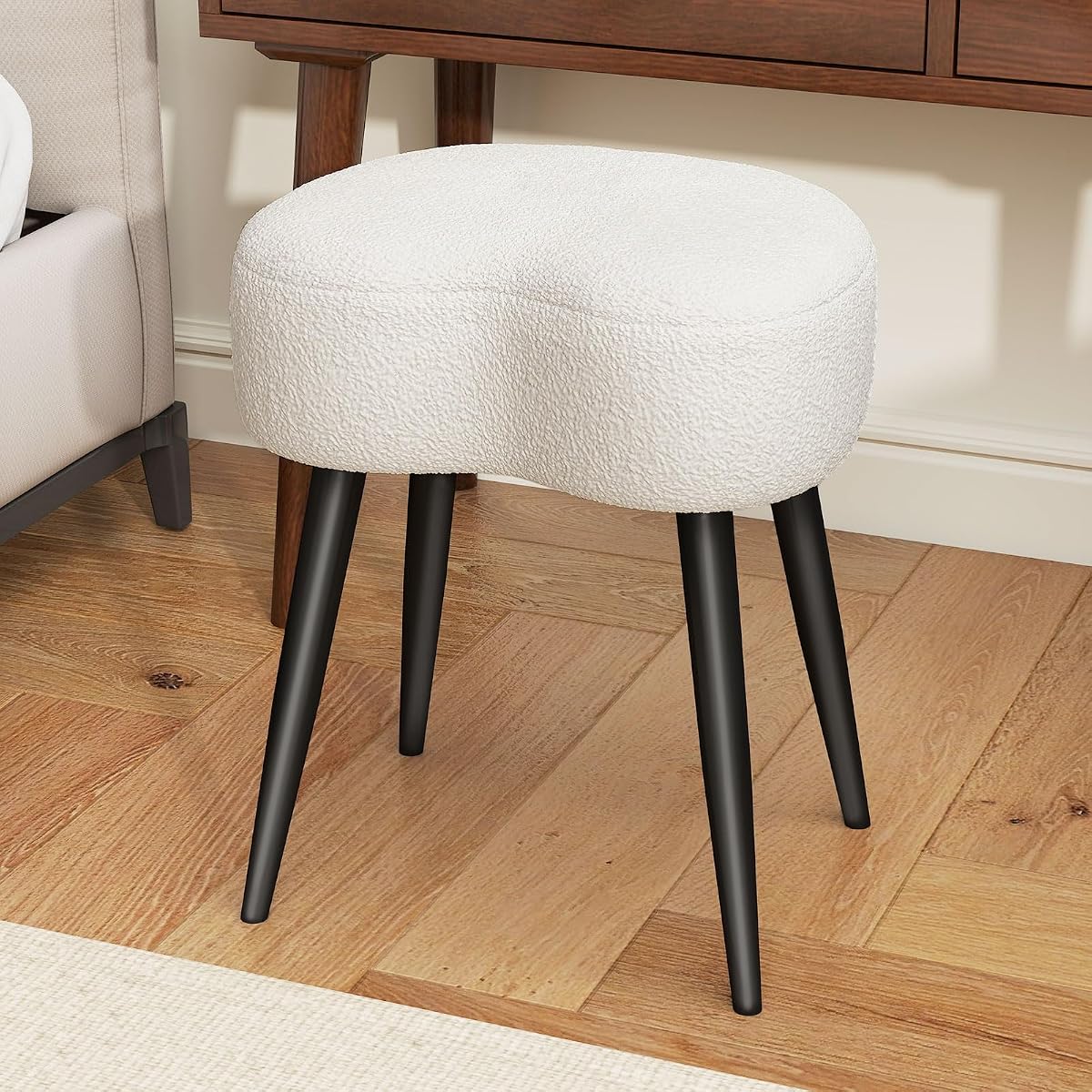Teddy Velvet Vanity Stool, Upholstered Makeup Chair with Sturdy Metal Legs, Soft Padded Ottoman Footrest, Modern Accent Stool for Bedroom, Living Room, Entryway (White, 17.7in H)