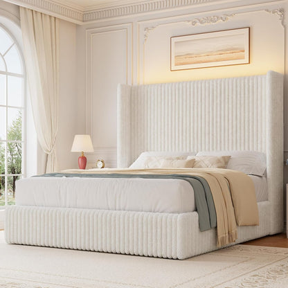 Queen Size 55" Tall Upholstered Bed Frame with Wingback Headboard