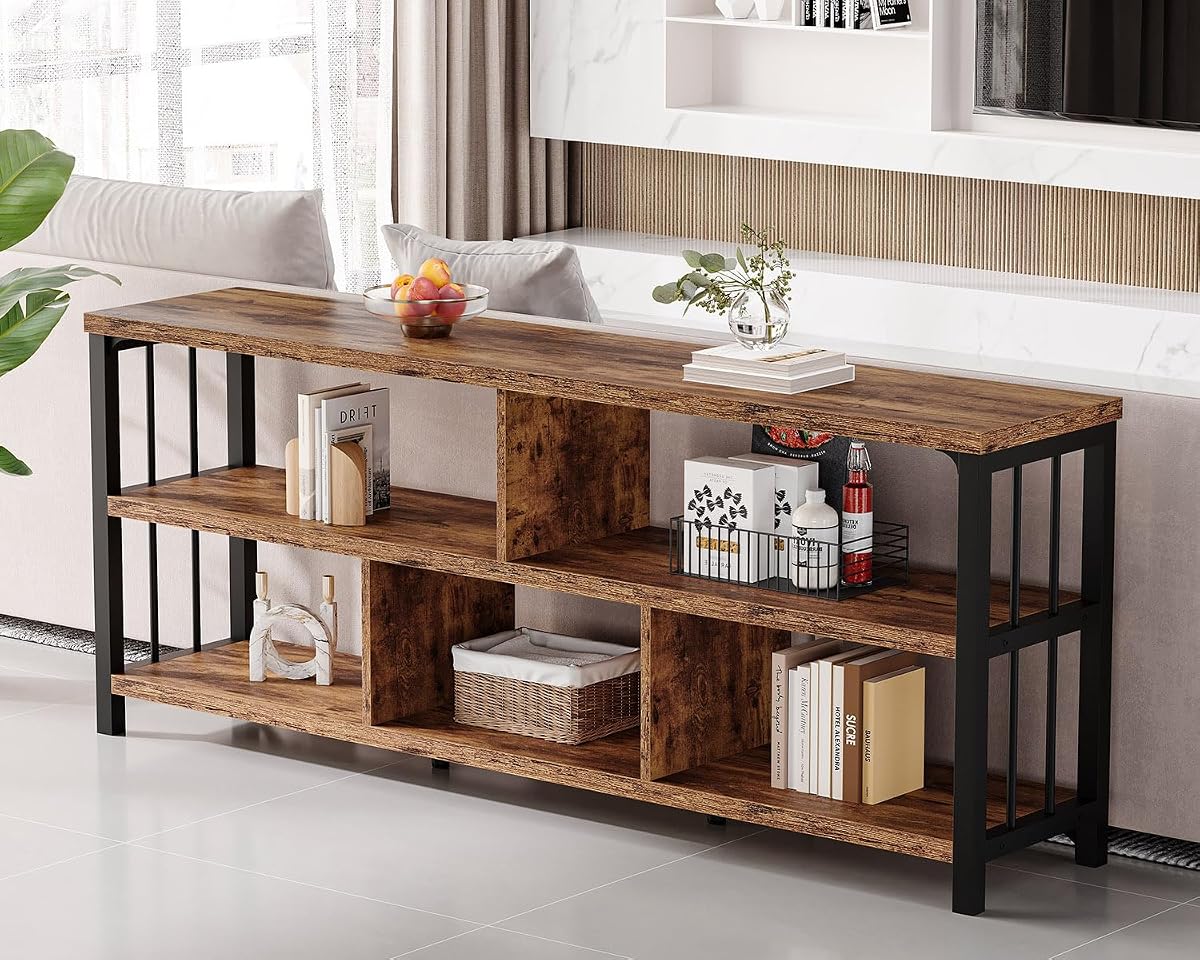 Bookshelf, Farmhouse 63” Long Open Book Shelf, Wood Metal 5 Cube Bookcase for Living Room, Low Horizontal Bookshelf for Bedroom, Wide Cubby Storage Organizer for Home Office, Rustic Brown, 63 Inch