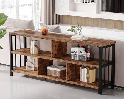 Bookshelf, Farmhouse 63” Long Open Book Shelf, Wood Metal 5 Cube Bookcase for Living Room, Low Horizontal Bookshelf for Bedroom, Wide Cubby Storage Organizer for Home Office, Rustic Brown, 63 Inch