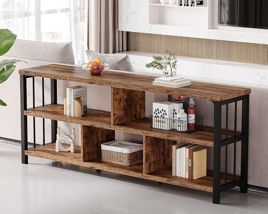 Bookshelf, Farmhouse 63” Long Open Book Shelf, Wood Metal 5 Cube Bookcase for Living Room, Low Horizontal Bookshelf for Bedroom, Wide Cubby Storage Organizer for Home Office, Rustic Brown, 63 Inch