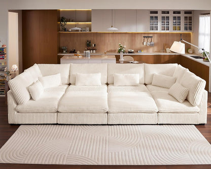 154" Oversized Corduroy Couch Modular Sectional Sofa, Washable Cloud Couch Sectional with 2 Ottoman, 8 Seater Sectional Couches for Living Room, Fully Cover Removable, Corduroy, White