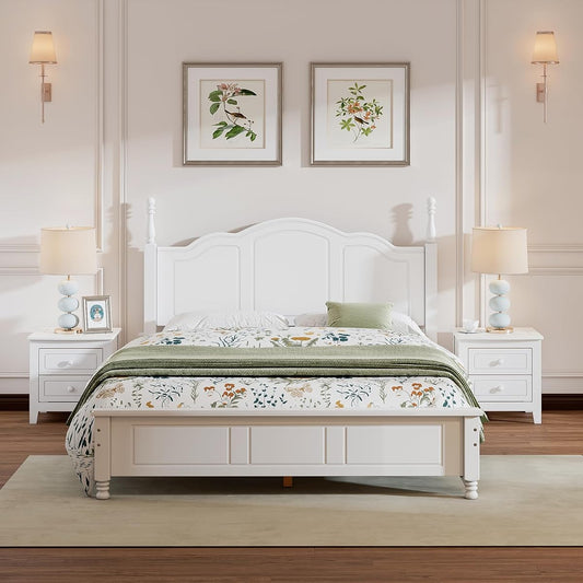 Bedroom Set Furniture, 3-Pieces Bedroom Sets, Queen Size Wood Platform Bed and 2 Nightstands, White
