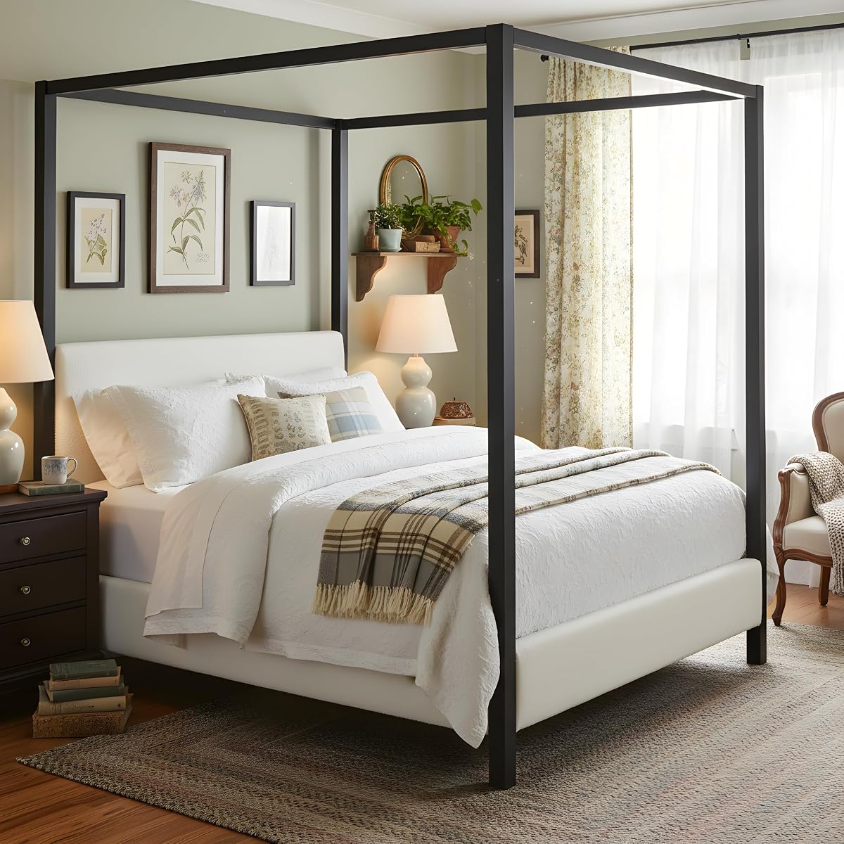 LUMISOL Queen Size Metal Canopy Bed with Upholstered Headboard