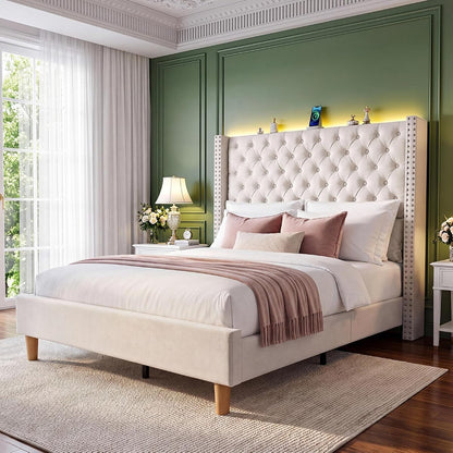 Queen Upholstered Bed Frame with RGB LED Lights and Charging Station