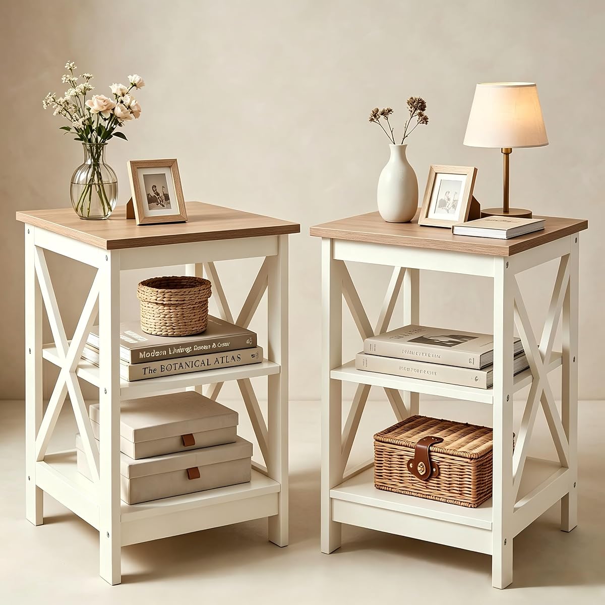 End Tables Bedroom Set of 2, Farmhouse Sofa Side Table with Storage Shelves, Ivory