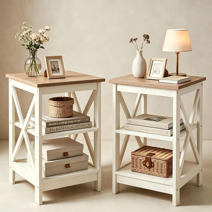 End Tables Bedroom Set of 2, Farmhouse Sofa Side Table with Storage Shelves, Ivory