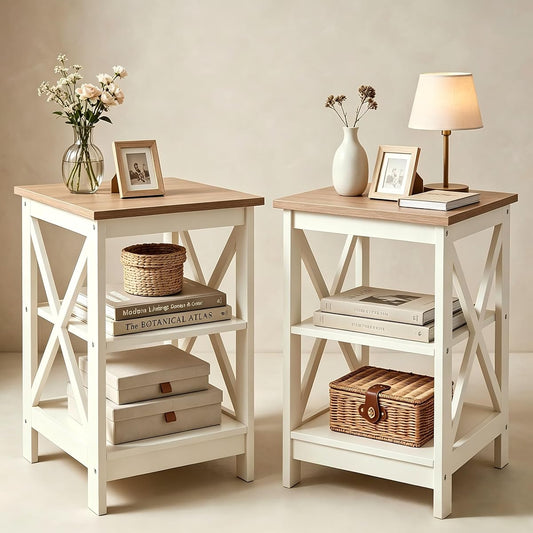 End Tables Bedroom Set of 2, Farmhouse Sofa Side Table with Storage Shelves, Ivory