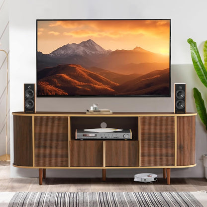 63" Fluted TV Stand with Storage for TVs up to 75", Brown | Modern Mid Century Entertainment Center Media Console with Adjustable Shelves and Open Storage for Living Room, Bedroom