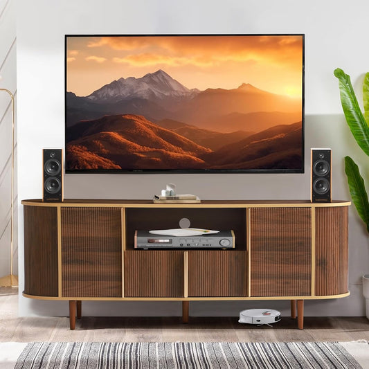 63" Fluted TV Stand with Storage for TVs up to 75", Brown | Modern Mid Century Entertainment Center Media Console with Adjustable Shelves and Open Storage for Living Room, Bedroom