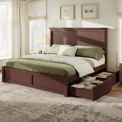 Solid Wood King Storage Bed Frame with 2 Drawers, Espresso