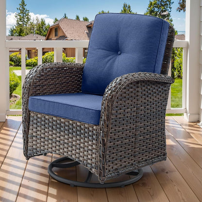 2 in 1 Porch Glider Swivel Chair - Wicker Patio Furniture Outdoor Swivel Rocker Chair with Thick Cushion, 300 Lb Weight Capacity Patio Swivel Glider Seating - Brown Wicker, Blue Cushion