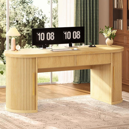 Office Desk with 2 Drawers, 58.3" x 21.7" Fluted Computer Desk with 2 Sliding Doors Storage and Power Strip, Wood Executive Desk for Home Office, Light Oak