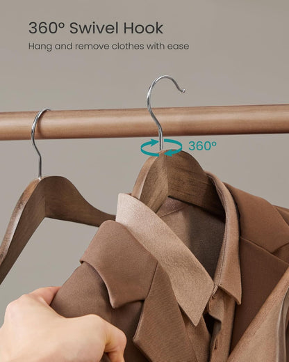 Extra Wide Wooden Suit Hangers, Set of 10 Clothes Hangers, Swivel Hooks, Non-Slip Bars, for Outfits, Suits, Coats, Shirts, Dresses, Walnut Color UCRW050KZ01