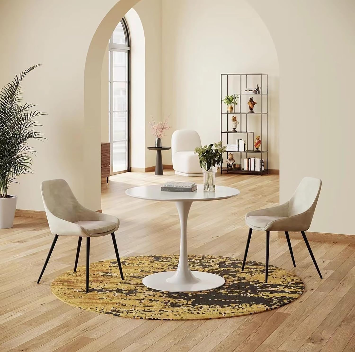 White round Dining Table, 31.5" Tulip Table Kitchen round Dining Table for 2-4 People with MDF Table Top and Metal Pedestal Base, Mid-Century Leisure Table for Home, Dining Room, Cafe