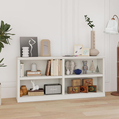 White Bookshelf Double Wide 64“ 2-Tier Bookcase 4 Cube Storage Organizer Wooden Bookcases for Bedroom and Home Office Decor Display