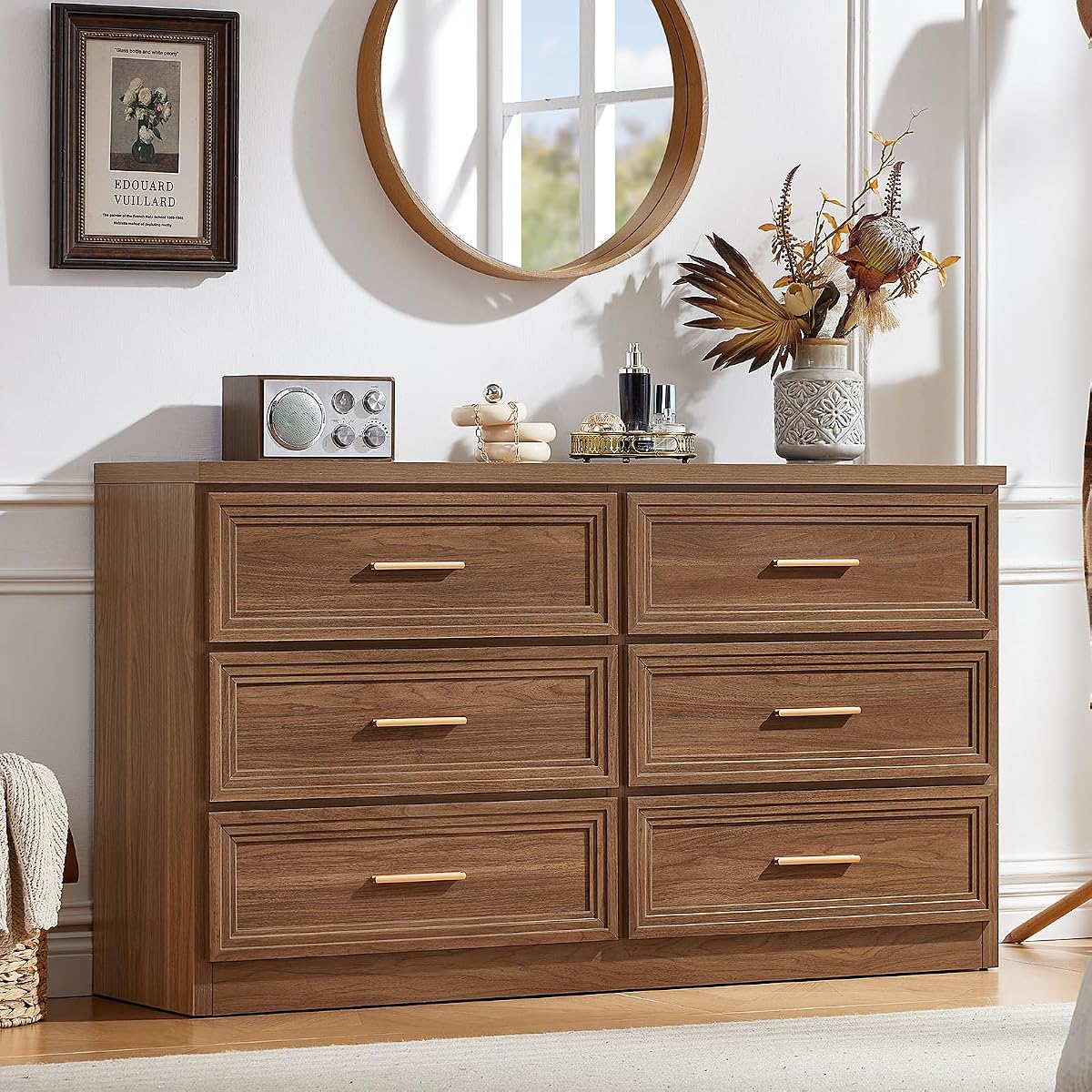 55.1" Wide Farmhouse 6 Drawers Dresser for Bedroom, Light Walnut