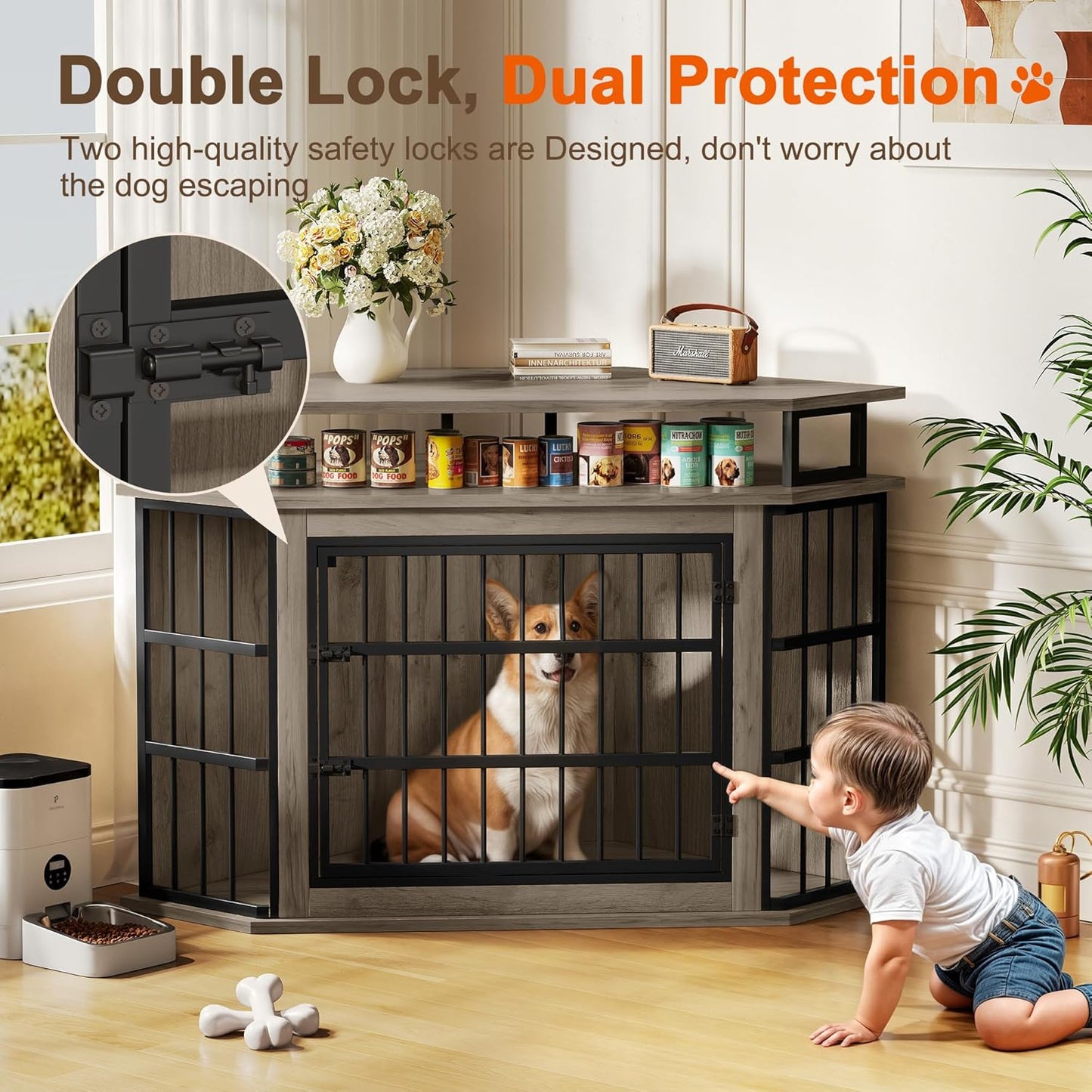 Corner Dog Crate Furniture with 2-Tier Shelves，51" Large Dog Kennel Indoor Wooden TV Stand, Modern Dog Cage Decorative Pet House