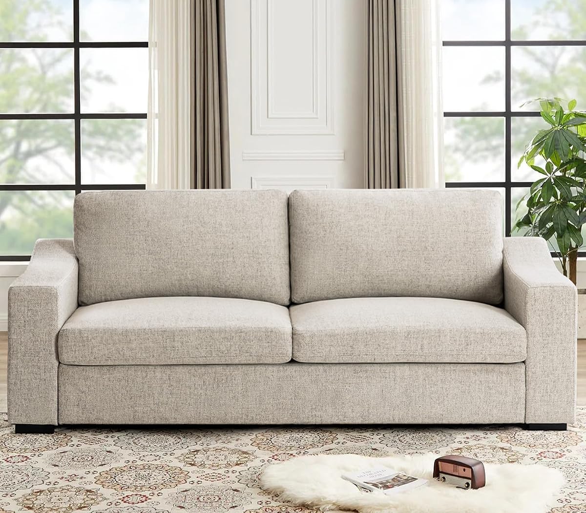 Oversized 85" Deep Seat Sofa, Modern Couches for Living Room, 3 Seater Natural Linen Sofa, Upholstered Cushion & Detachable Cover, Comfy Sofa Couch for Apartment, Oatmeal
