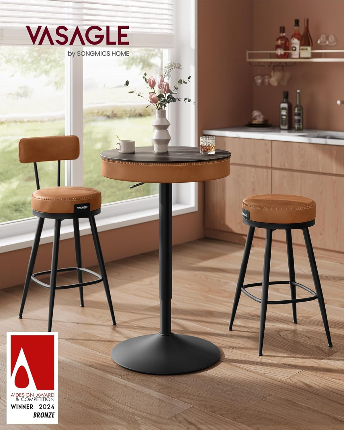 EKHO Collection - Height Adjustable Bar Table, round High Pub Table with Storage, Synthetic Leather with Stitching, Mid-Century Modern, Kitchen Home Bar, Ash Brown and Caramel Brown