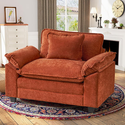 Oversized Accent Chair, Chenille Comfy Cloud Sofa Chair with Large Seat and Upholstered Armrests, Modern Extra Wide Armchair Reading Chairs for Bedroom, Living Room,Terracotta Orange