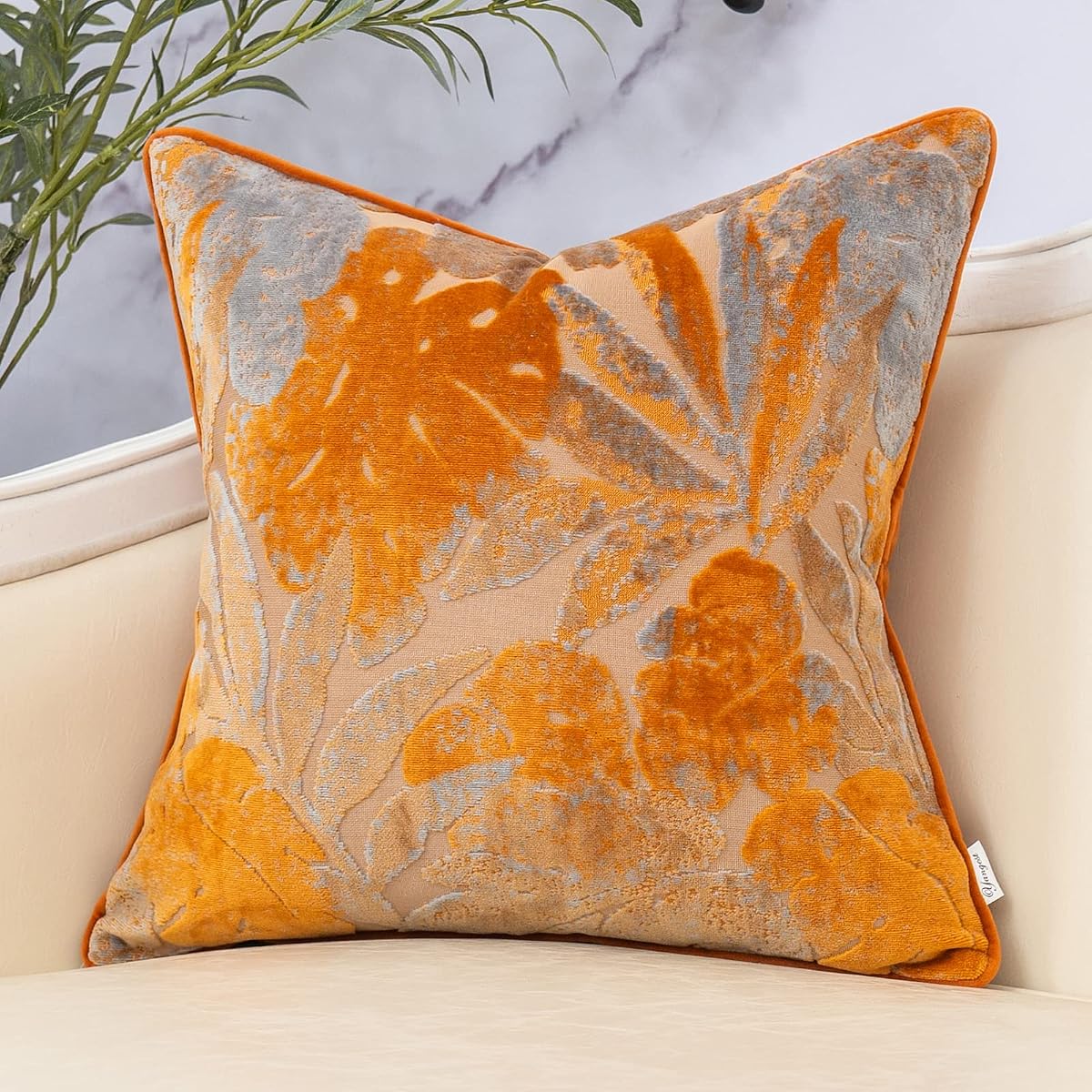 Orange Leaf Square Pillow Cover Cut Velvet Cushion Cover Luxury Modern Pillowcover for Couch Living Room Bedroom,18x18 Inch