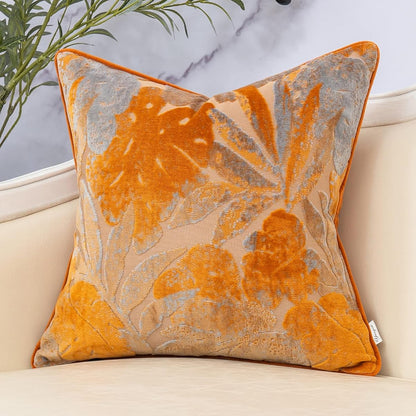 Orange Leaf Square Pillow Cover Cut Velvet Cushion Cover Luxury Modern Pillowcover for Couch Living Room Bedroom,18x18 Inch