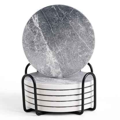 Coasters for Drinks Absorbent, Living Room Decor, Ceramic Coasters Set of 6 with Cork Base, Protect Wooden Table or Furniture from Scratched, Drink Coasters with Holder - Grey