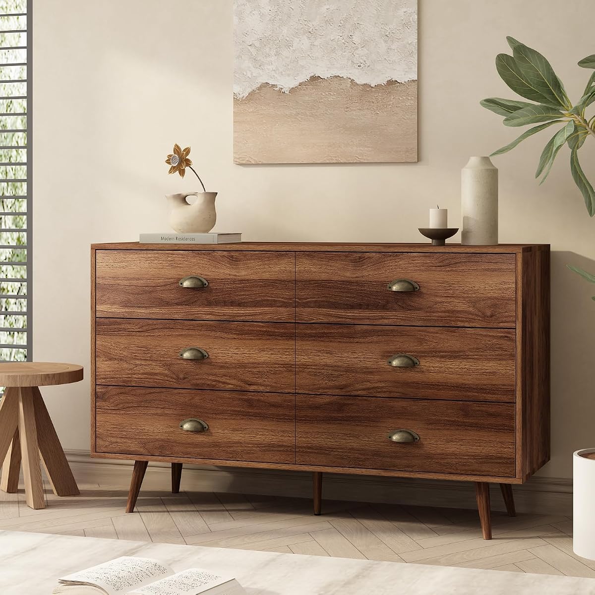 Walnut 6 Drawer Dresser for Bedroom, 47" Wood Dresser with Gold Handles.