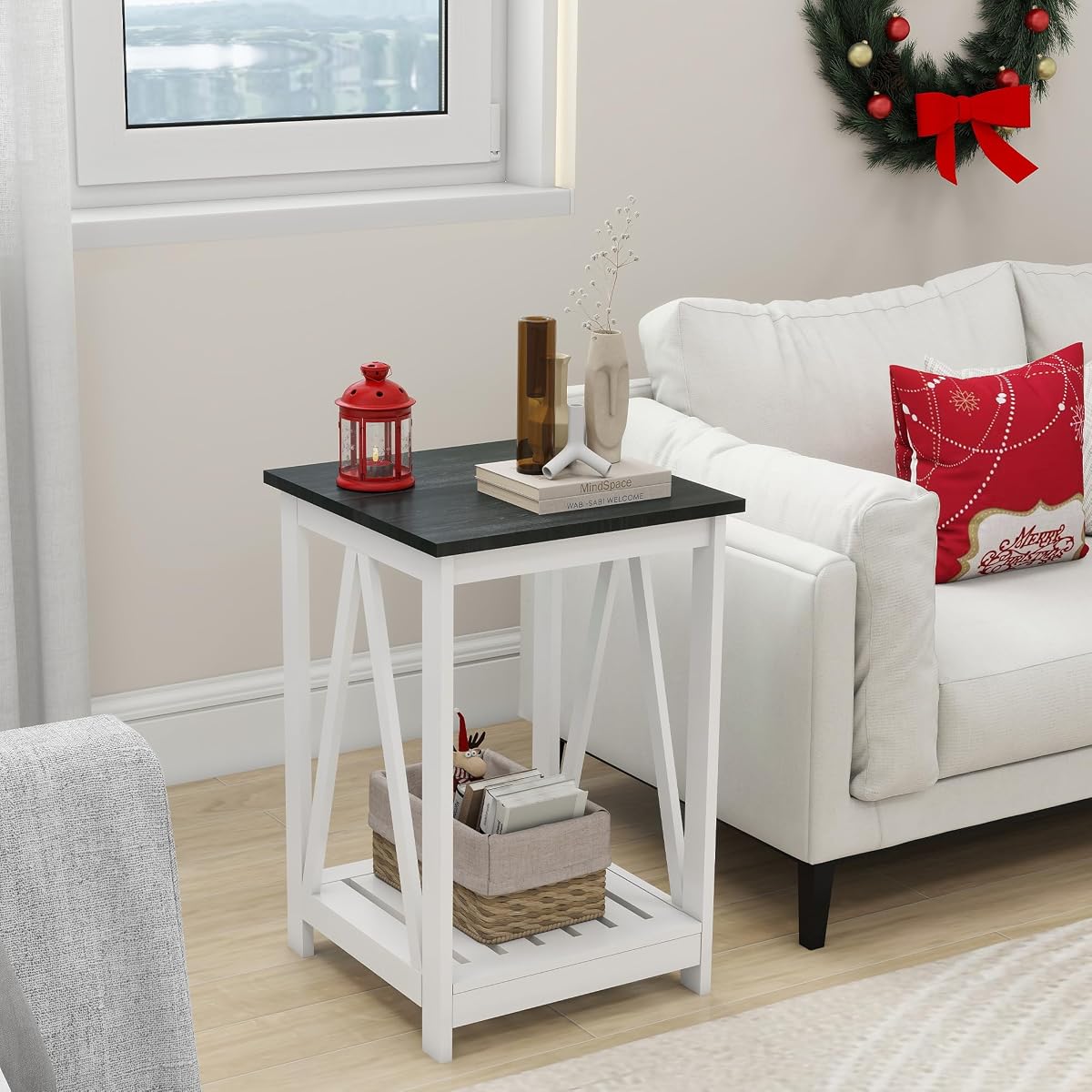 Farmhouse Square End Table, Accent Side Table with Slats Design, Sofa Side Table with Sturdy Frame for Living Room, Oak Black