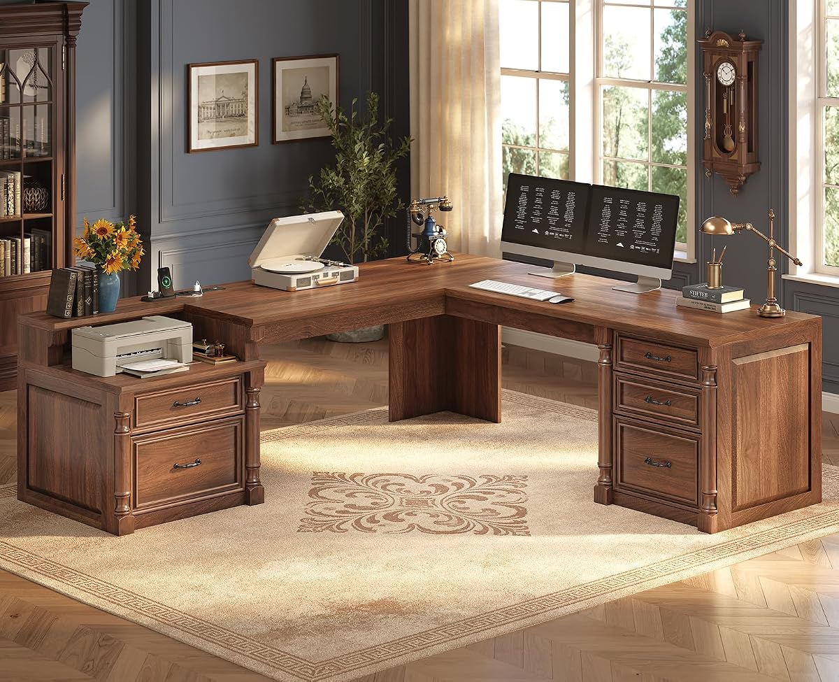 72.8" Large L Shaped Executive Desk with 5 Storage Drawers & Charging Station