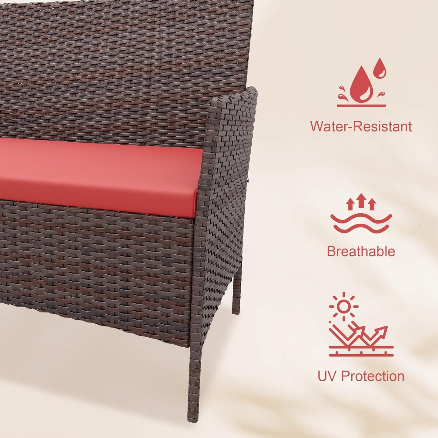Modern 4-Person Outdoor Bistro Set with Tempered Glass Table – Weather-Resistant PE Rattan & Iron Frame Patio Furniture, Thick Red & Brown Polyester Cushions for Garden, Balcony, Deck