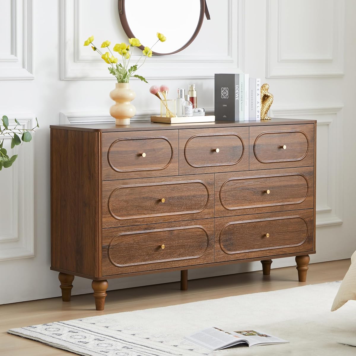 7 Drawer Fluted Dresser for Bedroom, Mid Century Modern Chest of Drawers