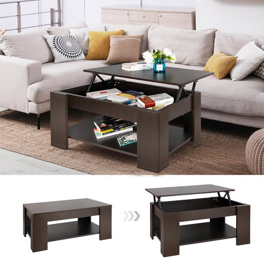 Modern Lift Top Coffee Table w/Hidden Compartment and Storage Shelves Pop-Up Storage Cocktail Table for Living Room Reception Room