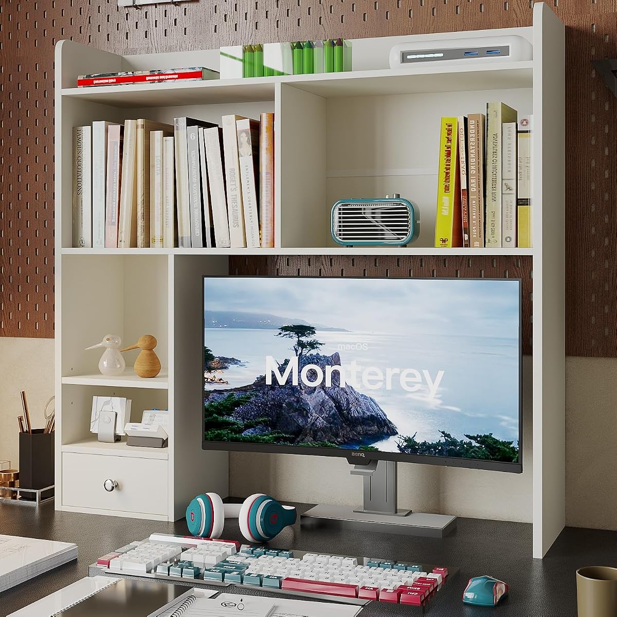 Desktop Bookshelf, 36.4" DormDesk Hutch with 5 Shelves
