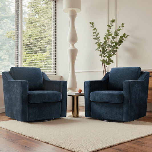 Swivel Accent Chairs Set of 2, Chenille Armchair with Lumbar, Navy | Comfortable Upholstered | Modern Reading Seat | Solid Wood Frame | High-Resilience Foam Padding | For Living Room, Bedroom