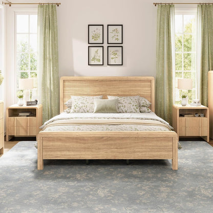 3-Piece Modern Fluted Bedroom Furniture Set, Including Wood Queen Size Bed Frame with Headboard & Footboard and Storage Night Stand Set of 2, Wooden Bedframe and Nightstand Sets, Natural Oak