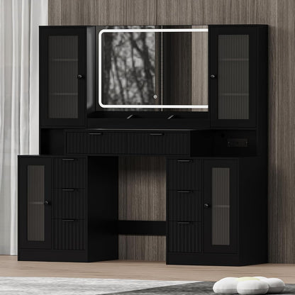 Fluted Makeup Vanity Desk with Mirror and Lights