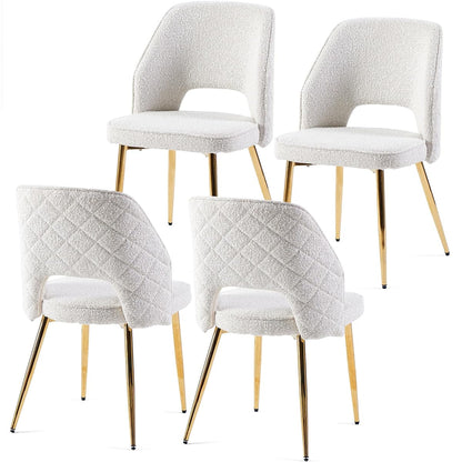 Modern Dining Chair Set of 4, Beige Boucle Accent Chairs with Golden Metal Legs, Upholstered Back Side Chairs for Kitchen Living Room Bedroom