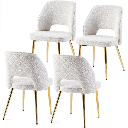 Modern Dining Chair Set of 4, Beige Boucle Accent Chairs with Golden Metal Legs, Upholstered Back Side Chairs for Kitchen Living Room Bedroom