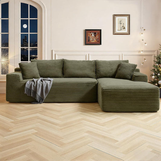 108 Inch Cloud Sectional Couch,Modern Modular Sectional Sofa with Deep Seat,Corduroy Boneless Couches with L-Shape Chaise for Living Room,No Assembly Required (Green, Right Facing Chaise)