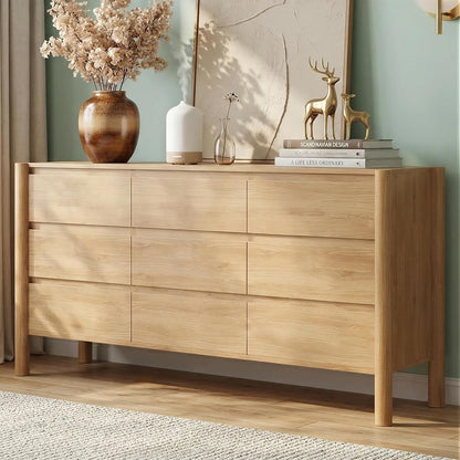 63" Wide Oak 9 Drawer Dresser for Bedroom with Solid Wood Legs