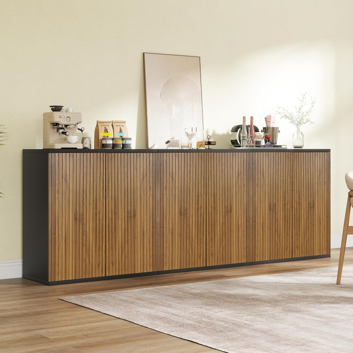 Buffet Cabinet with Storage Walnut Fluted Wooden Accent Sideboard with Pop-Up