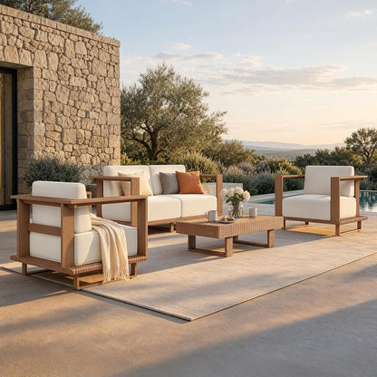 HDPE Patio Furniture Set, Modern Outdoor Sectional Sofa Set with 9.8" Cushions and 43.5" Wood Grain Coffee Table, Deep Seating Outdoor Conversation Set for Backyard(Beige, 5 Pieces)