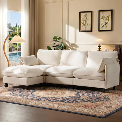 105" Modular Sectional Sofa, L-Shaped Cloud Couch with Oversized Large Cushions & Movable Ottoman, Chenille Deep Seat Couch for Living Room, Beige