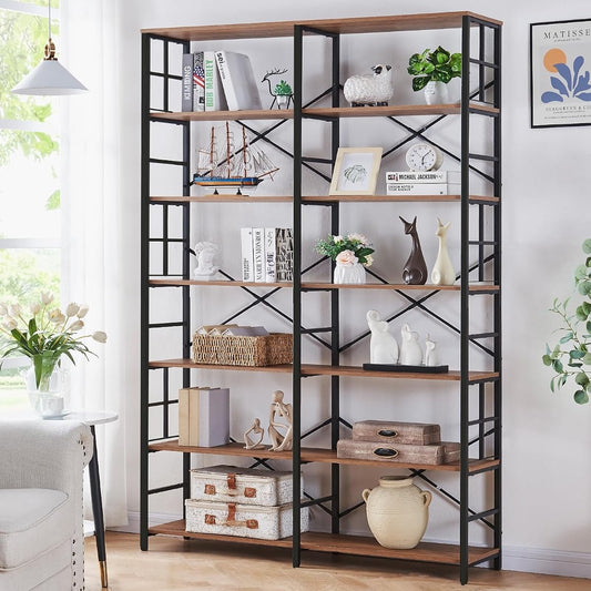 Bookshelf, Industrial Double Wide 7-Tier Bookshelves, 84" Tall Bookcase with Open Shelves, Heavy Duty Bookcases with Storage for Living Room Home Office, Rustic Brown