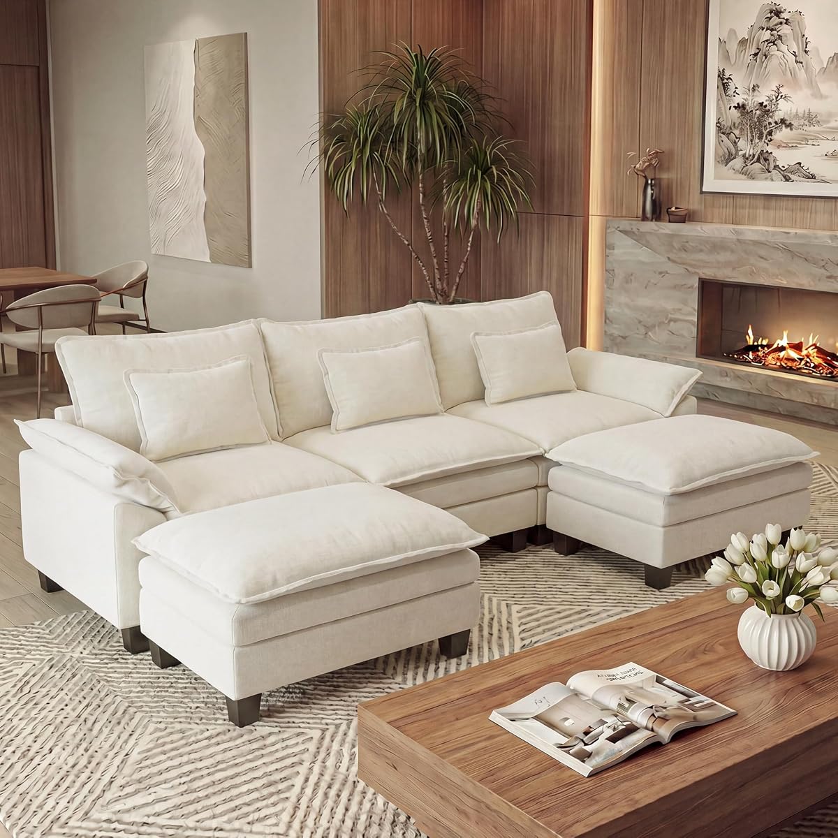 Oversized Modular Sectional Sofa，White：122" U Shaped | Modern Comfy Cloud Couch with Movable Ottoman and Pillow, Deep Seat Couches for Living Room, Bedroom or Apartment