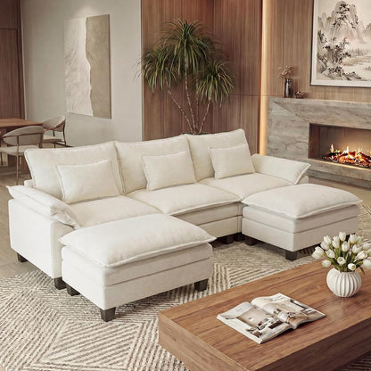 Oversized Modular Sectional Sofa，White：122" U Shaped | Modern Comfy Cloud Couch with Movable Ottoman and Pillow, Deep Seat Couches for Living Room, Bedroom or Apartment