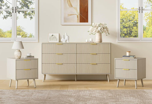 Fluted Dresser and Nightstand Set, 3 Pieces Bedroom Set, 55 Inch Wide 6-Drawer Dresser & 2-Drawer Nightstands Set of 2, Modern Dressers Set for Bedroom, Hallway, Beige